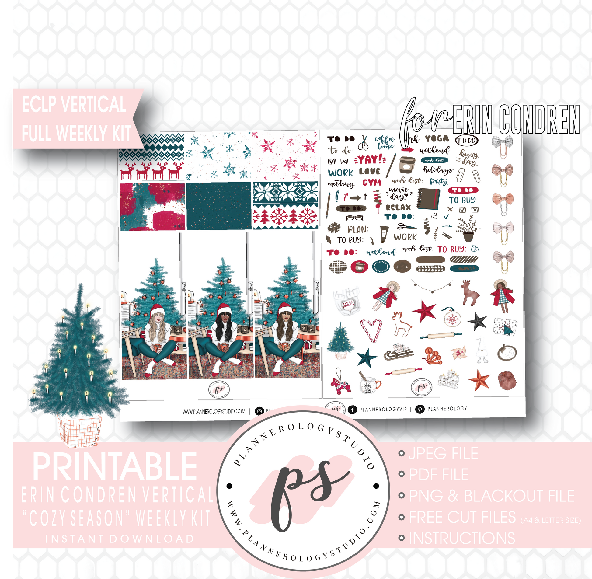 Cozy Season (Christmas) Full Weekly Kit Printable Planner Digital Stickers (for use with Erin Condren Vertical) - Plannerologystudio