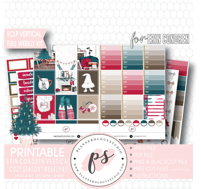 Cozy Season (Christmas) Full Weekly Kit Printable Planner Digital Stickers (for use with Erin Condren Vertical) - Plannerologystudio