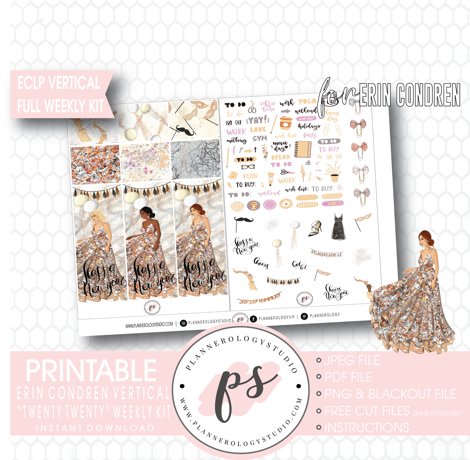 Twenty Twenty 2020 New Years Full Weekly Kit Printable Planner Digital Stickers (for use with Erin Condren Vertical) - Plannerologystudio