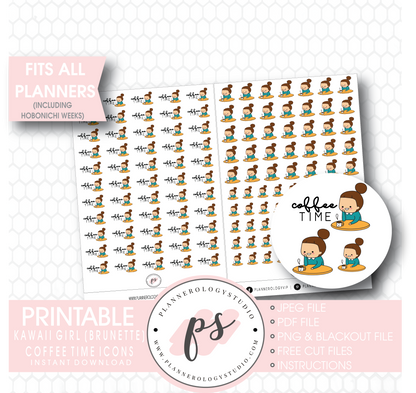 Coffee Time Icon Kawaii Girl (Brunette) Digital Printable Planner Stickers - Plannerologystudio