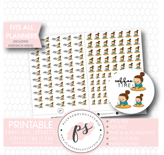 Coffee Time Icon Kawaii Girl (Brunette) Digital Printable Planner Stickers - Plannerologystudio