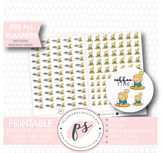 Coffee Time Icon Kawaii Girl (Blonde) Digital Printable Planner Stickers - Plannerologystudio