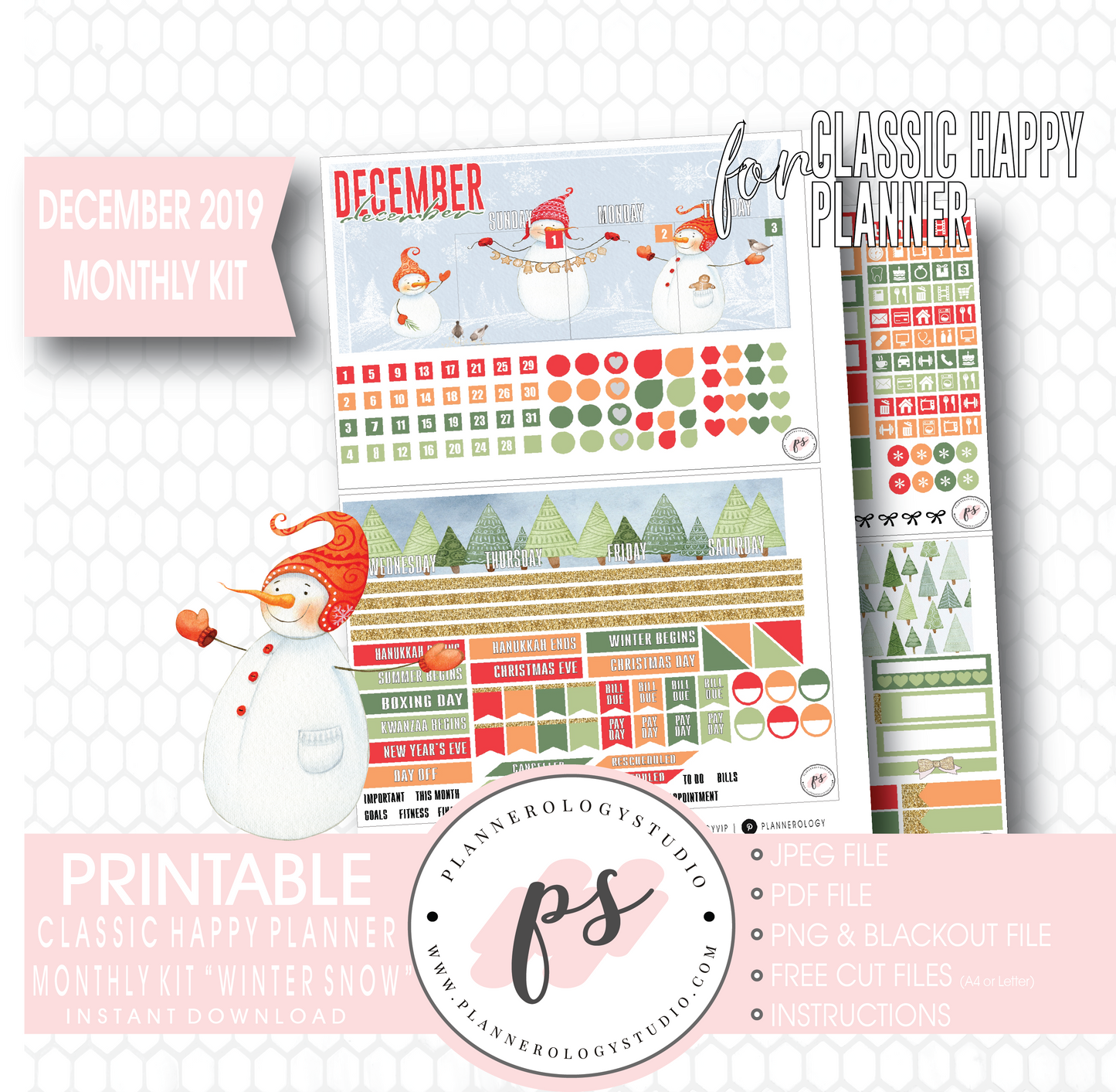 Winter Snow December 2019 Monthly View Kit Digital Printable Planner Stickers (for use with Classic Happy Planner) - Plannerologystudio