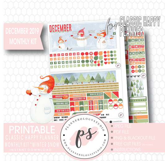 Winter Snow December 2019 Monthly View Kit Digital Printable Planner Stickers (for use with Classic Happy Planner) - Plannerologystudio