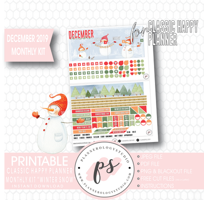 Winter Snow December 2019 Monthly View Kit Digital Printable Planner Stickers (for use with Classic Happy Planner) - Plannerologystudio