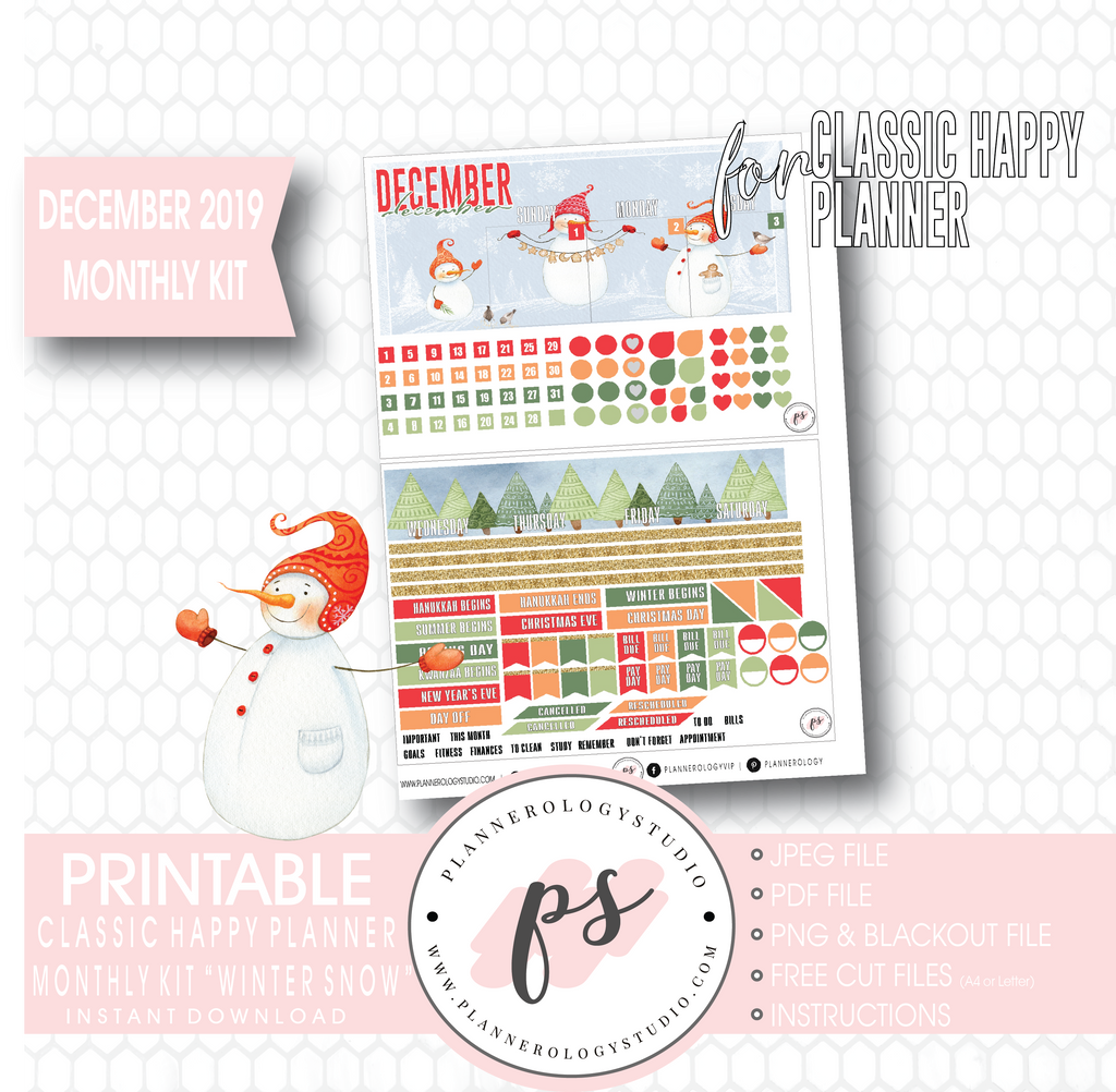 Winter Snow December 2019 Monthly View Kit Digital Printable Planner Stickers (for use with Classic Happy Planner) - Plannerologystudio
