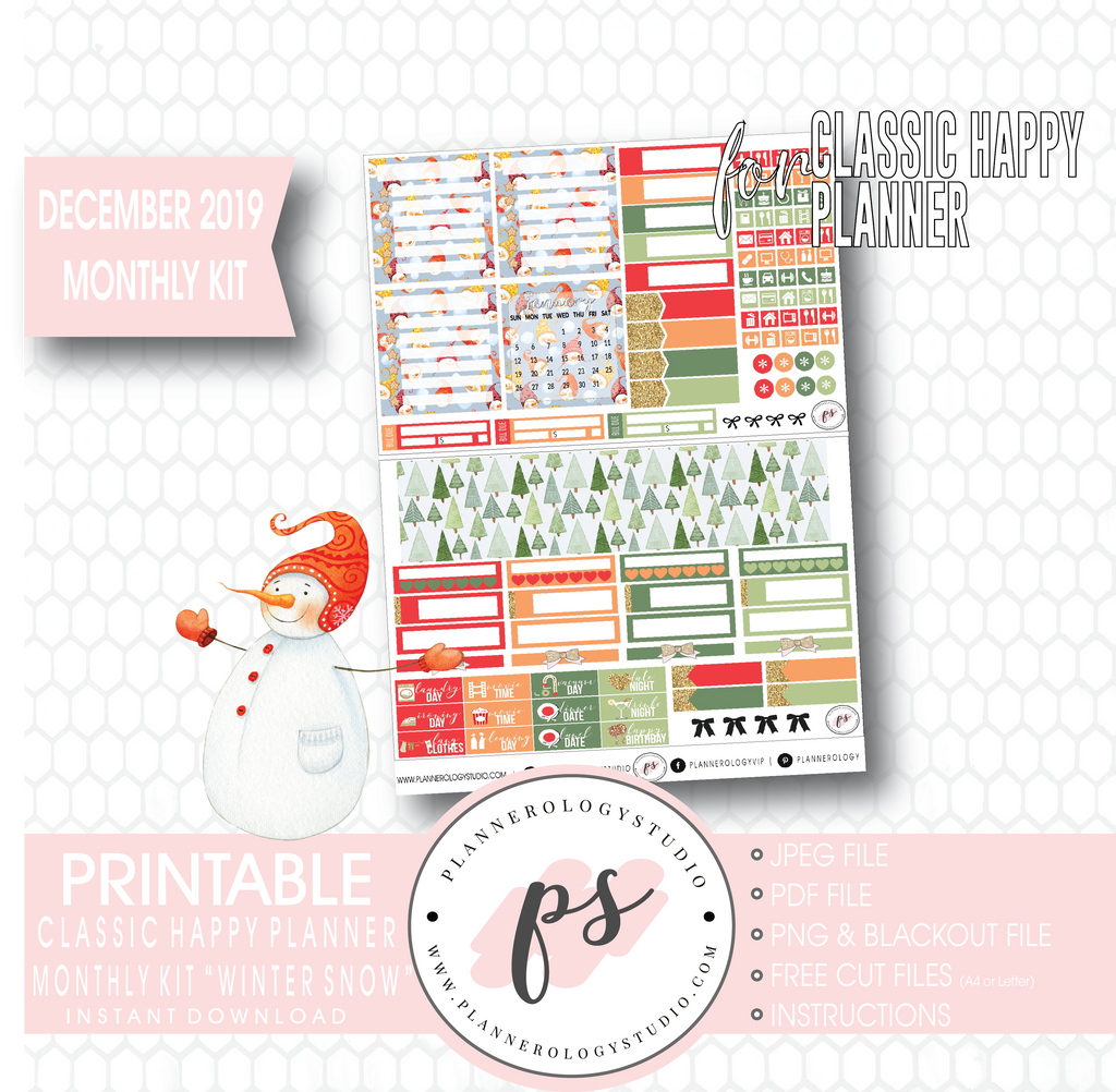 Winter Snow December 2019 Monthly View Kit Digital Printable Planner Stickers (for use with Classic Happy Planner) - Plannerologystudio