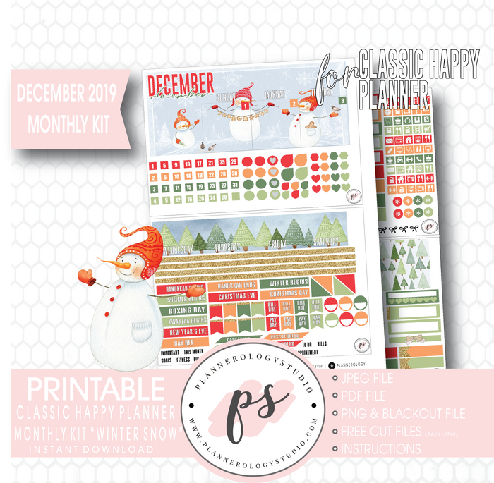 Winter Snow December 2019 Monthly View Kit Digital Printable Planner Stickers (for use with Classic Happy Planner) - Plannerologystudio