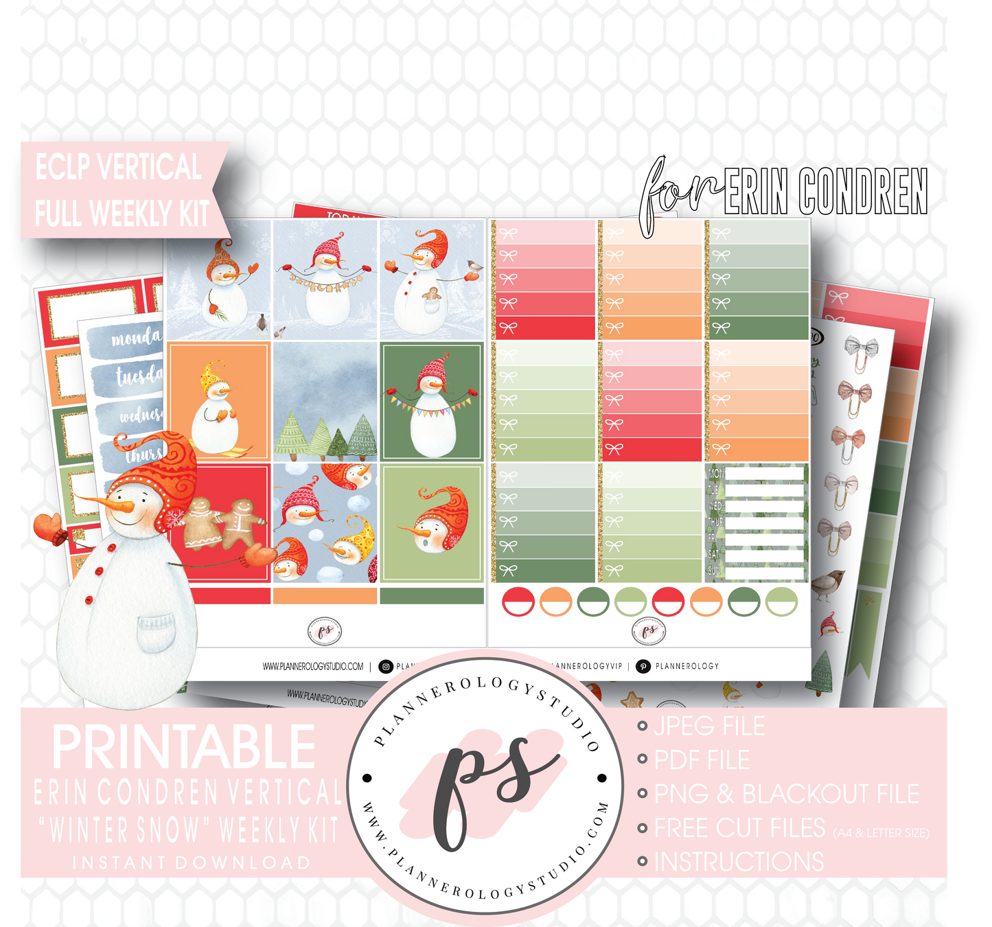Winter Snow Full Weekly Kit Printable Planner Digital Stickers (for use with Erin Condren Vertical) - Plannerologystudio