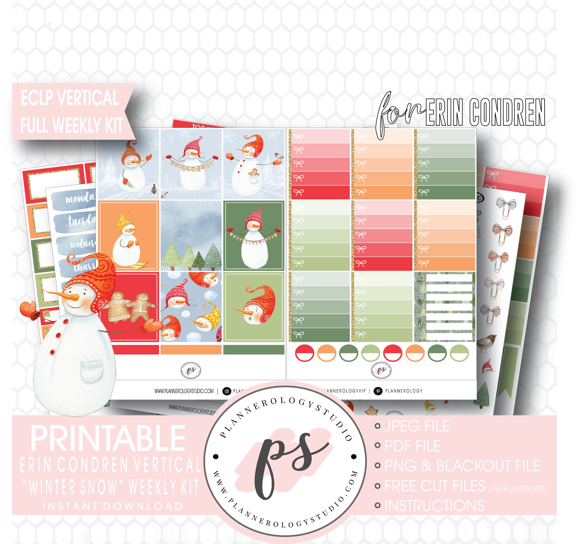 Winter Snow Full Weekly Kit Printable Planner Digital Stickers (for use with Erin Condren Vertical) - Plannerologystudio