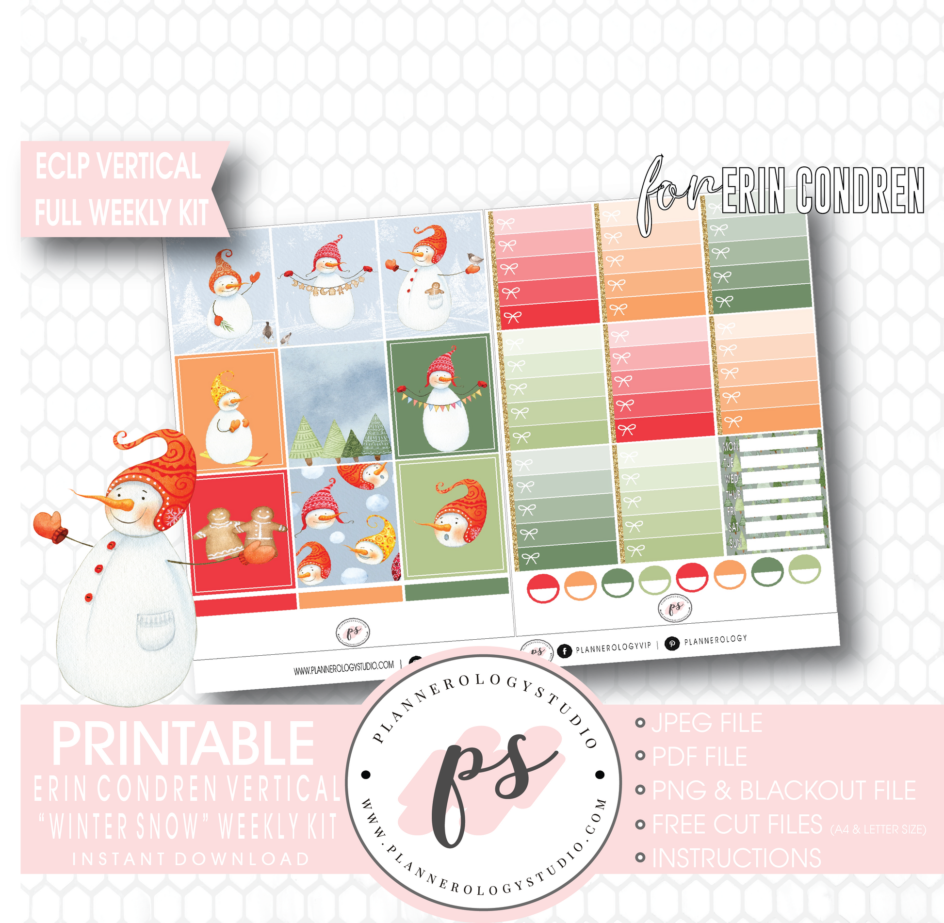 Winter Snow Full Weekly Kit Printable Planner Digital Stickers (for use with Erin Condren Vertical) - Plannerologystudio