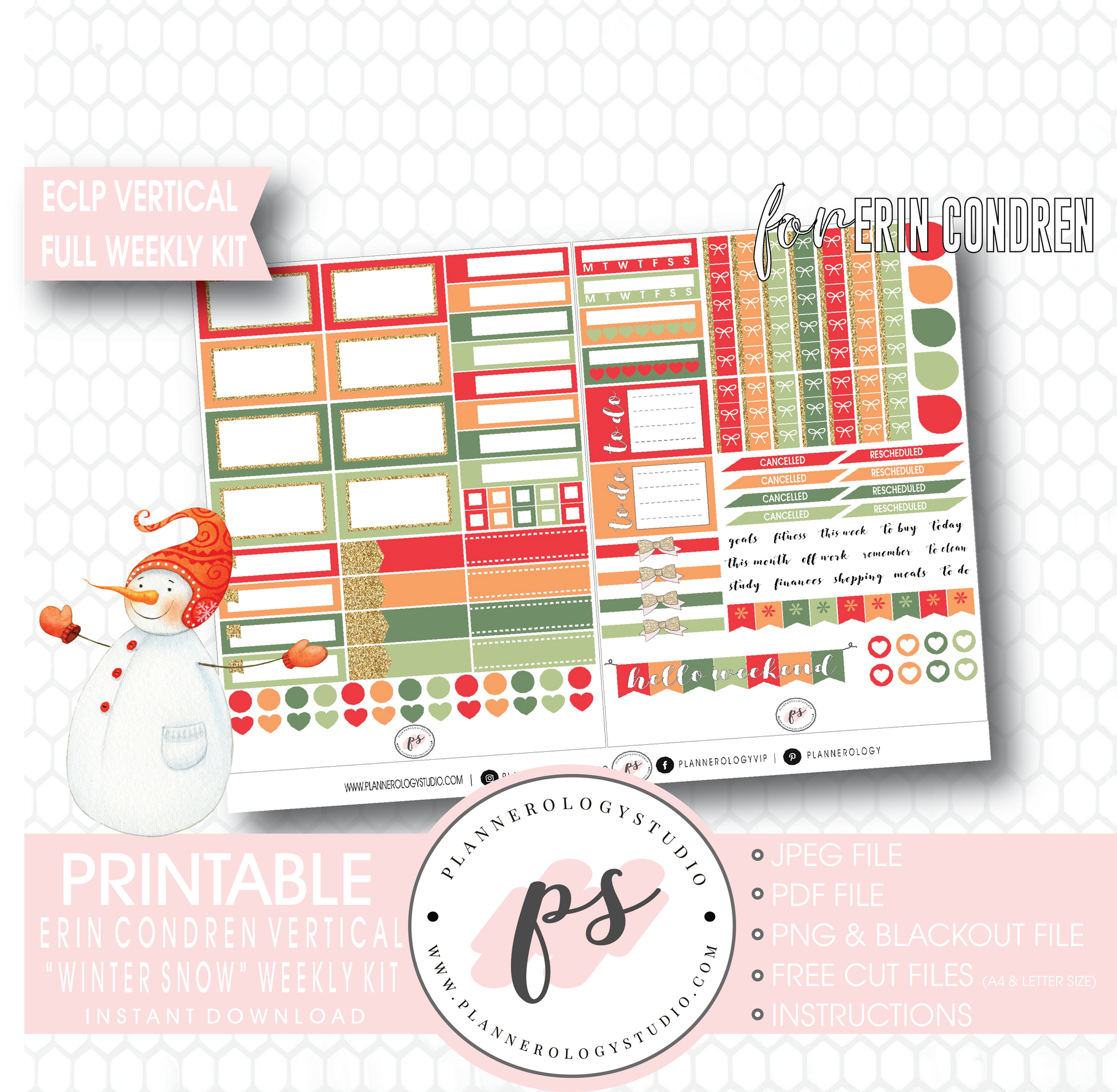 Winter Snow Full Weekly Kit Printable Planner Digital Stickers (for use with Erin Condren Vertical) - Plannerologystudio