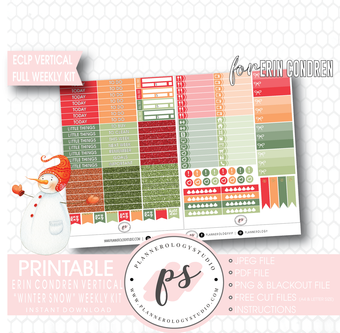 Winter Snow Full Weekly Kit Printable Planner Digital Stickers (for use with Erin Condren Vertical) - Plannerologystudio