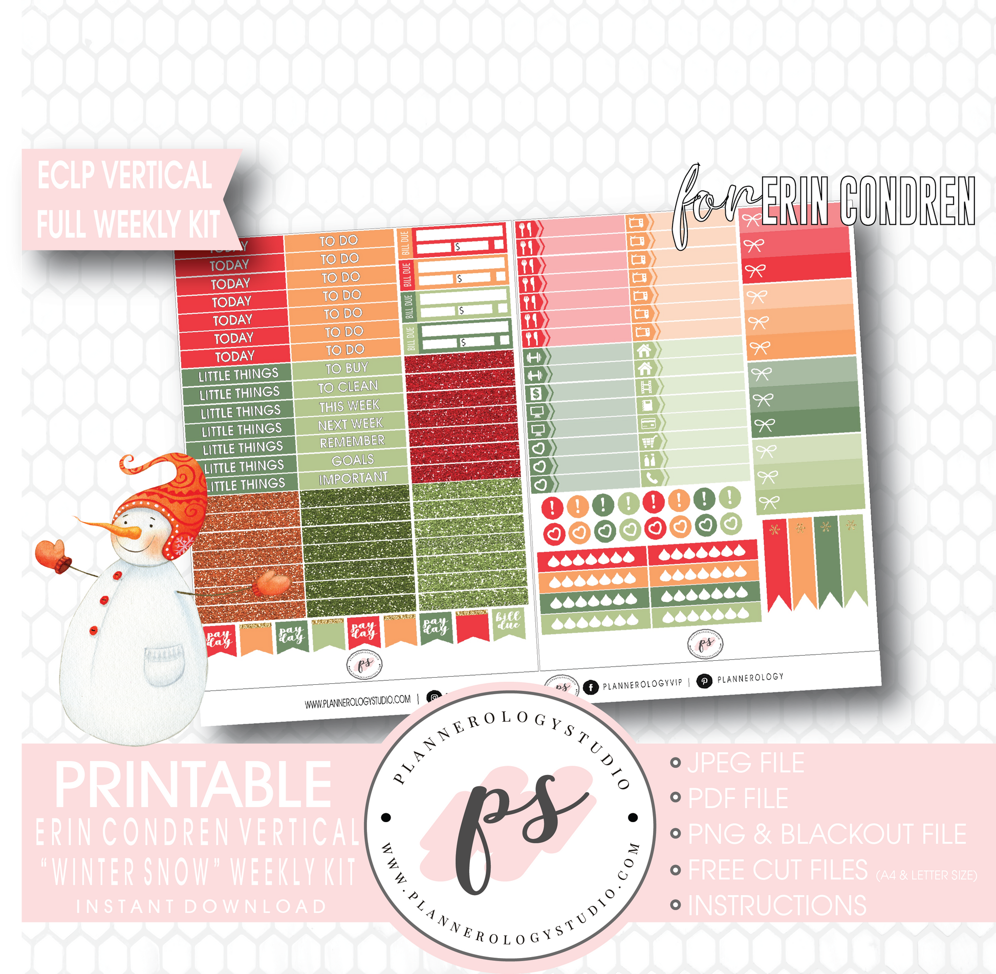 Winter Snow Full Weekly Kit Printable Planner Digital Stickers (for use with Erin Condren Vertical) - Plannerologystudio