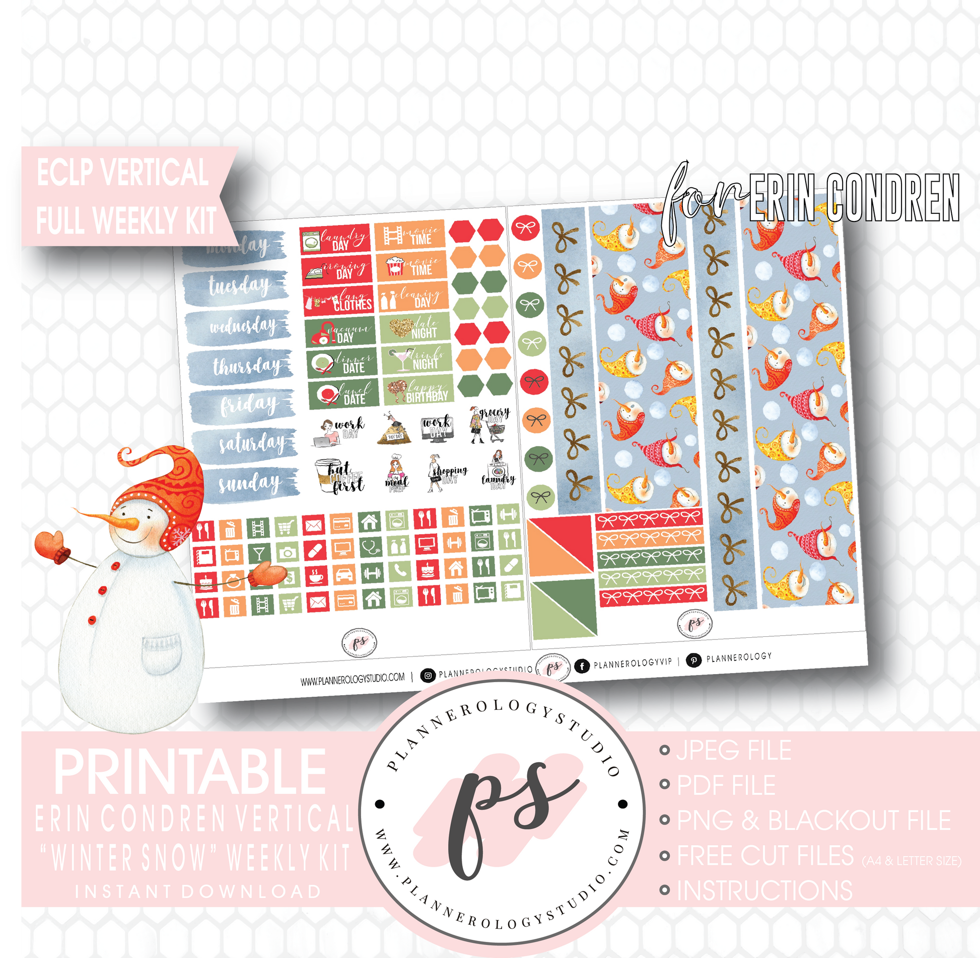 Winter Snow Full Weekly Kit Printable Planner Digital Stickers (for use with Erin Condren Vertical) - Plannerologystudio