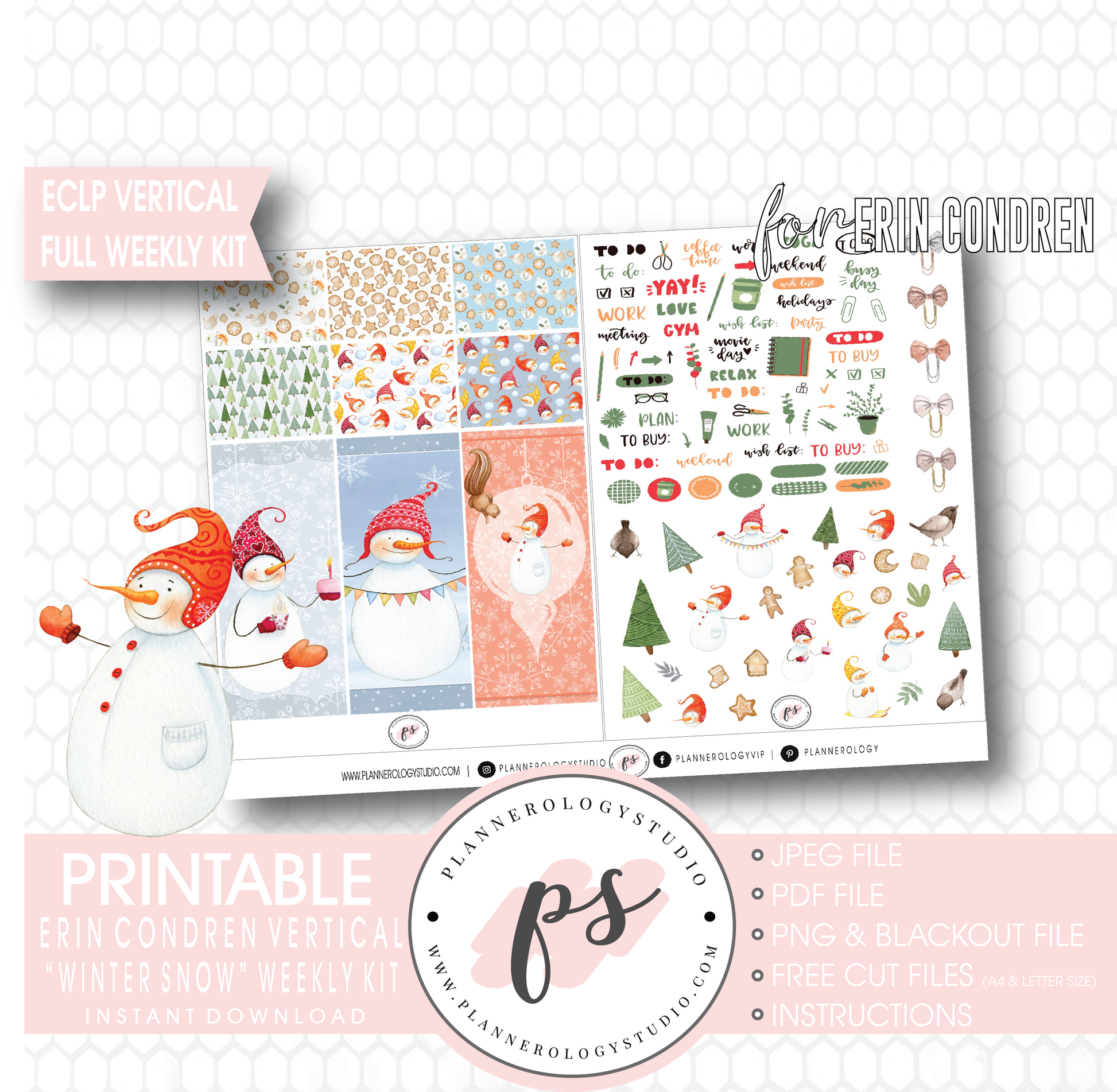 Winter Snow Full Weekly Kit Printable Planner Digital Stickers (for use with Erin Condren Vertical) - Plannerologystudio