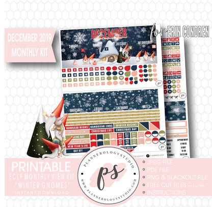 Winter Gnomes December 2019 Monthly View Kit Digital Printable Planner Stickers (for use with Erin Condren) - Plannerologystudio