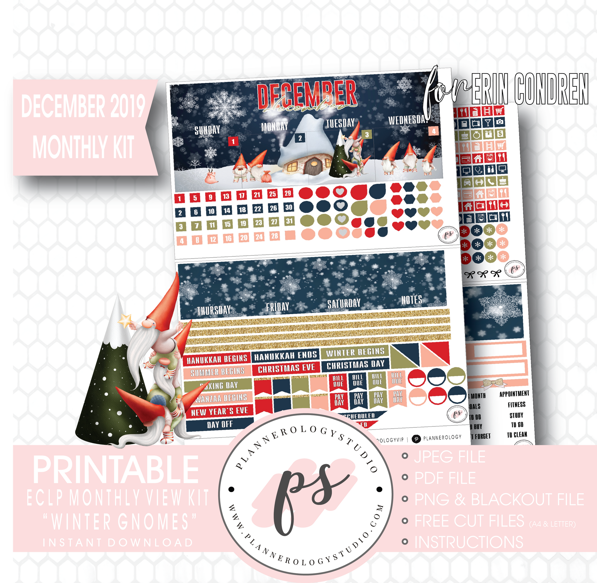 Winter Gnomes December 2019 Monthly View Kit Digital Printable Planner Stickers (for use with Erin Condren) - Plannerologystudio