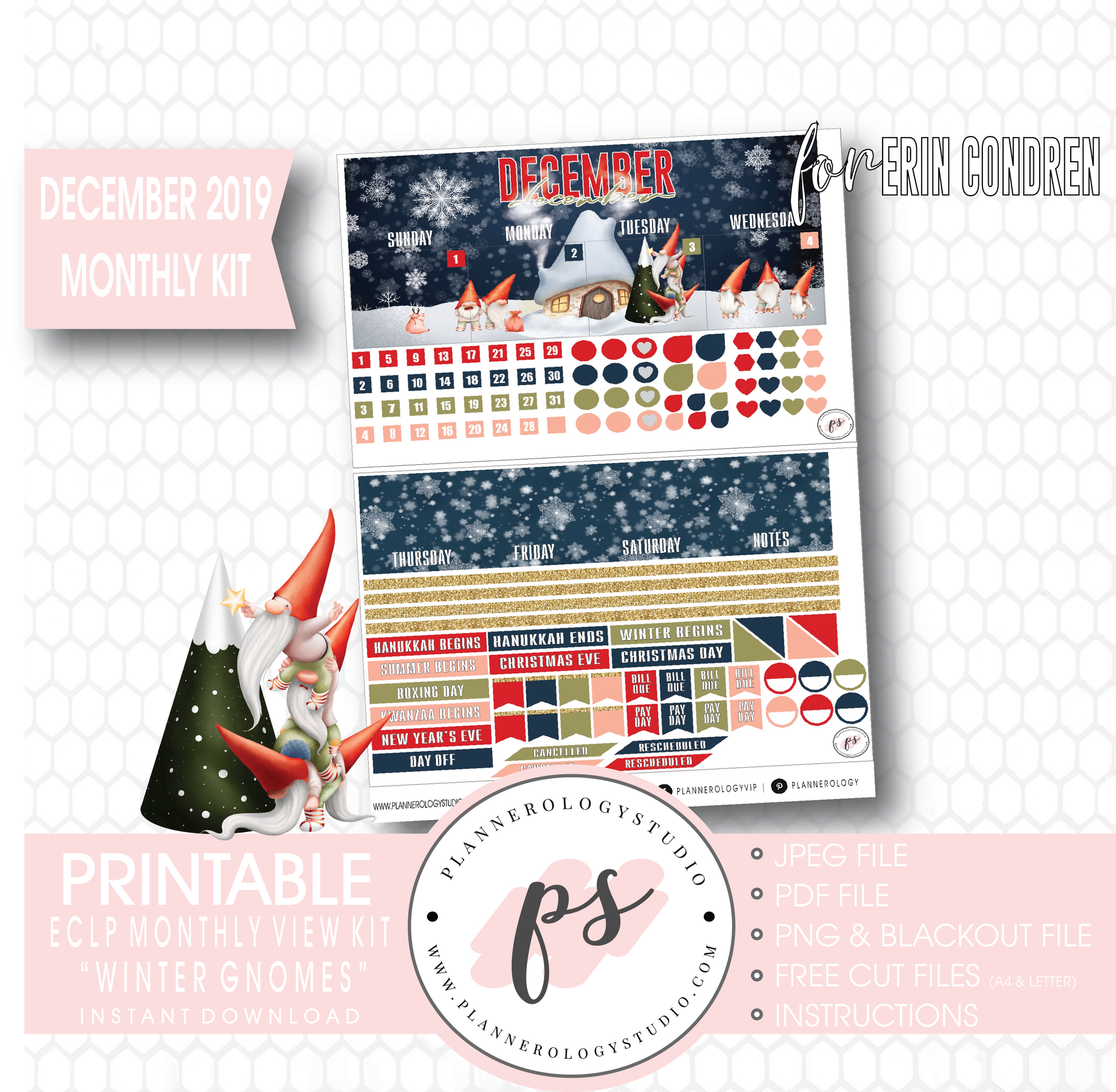 Winter Gnomes December 2019 Monthly View Kit Digital Printable Planner Stickers (for use with Erin Condren) - Plannerologystudio