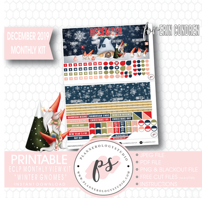 Winter Gnomes December 2019 Monthly View Kit Digital Printable Planner Stickers (for use with Erin Condren) - Plannerologystudio