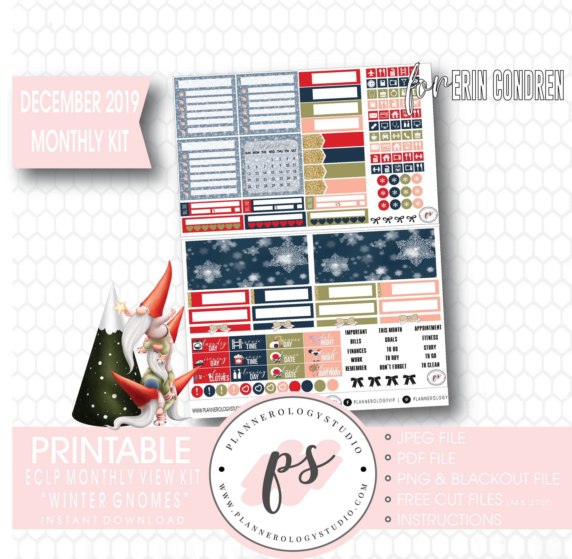 Winter Gnomes December 2019 Monthly View Kit Digital Printable Planner Stickers (for use with Erin Condren) - Plannerologystudio