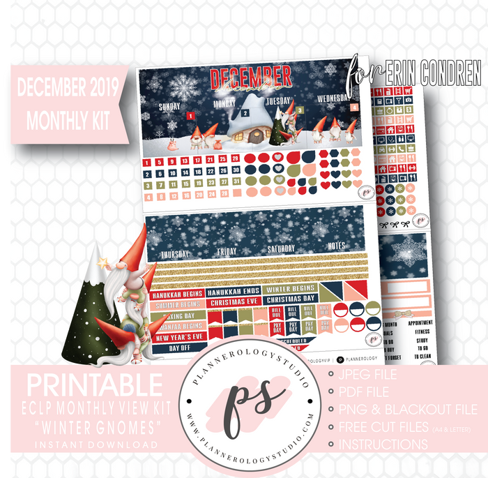 Winter Gnomes December 2019 Monthly View Kit Digital Printable Planner Stickers (for use with Erin Condren) - Plannerologystudio