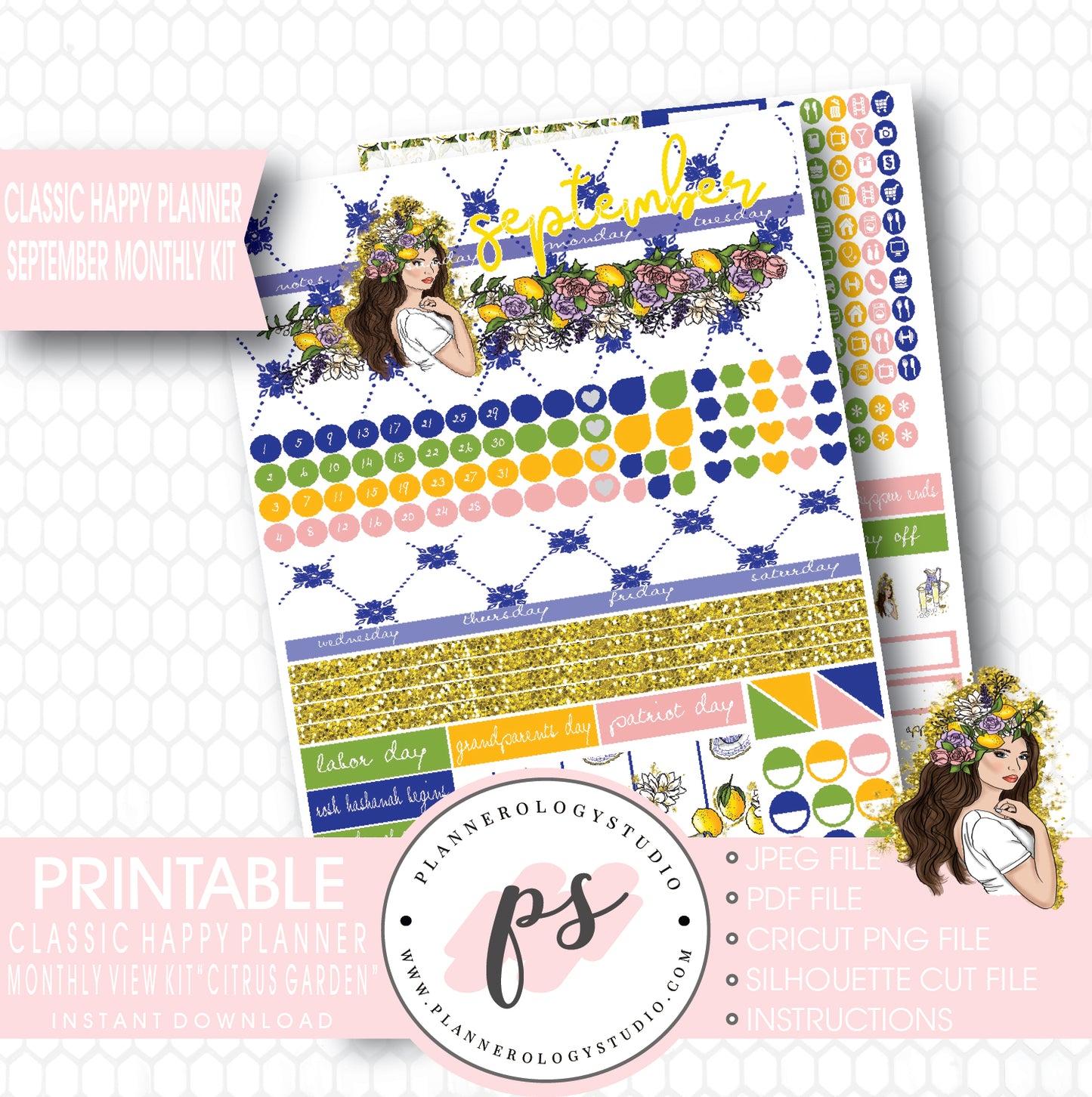 "Citrus Garden" September 2017 Monthly View Kit Printable Planner Stickers (for use with Mambi Classic Happy Planner) - Plannerologystudio