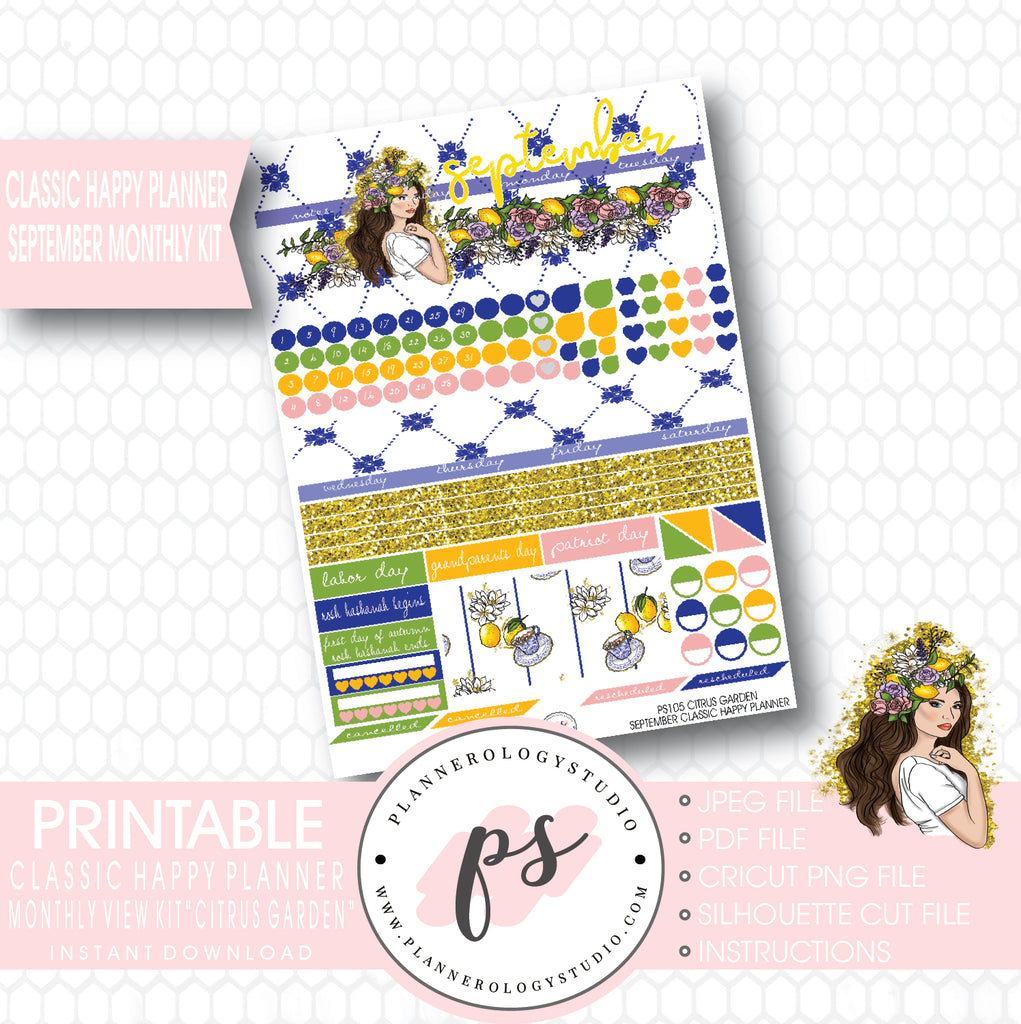 "Citrus Garden" September 2017 Monthly View Kit Printable Planner Stickers (for use with Mambi Classic Happy Planner) - Plannerologystudio