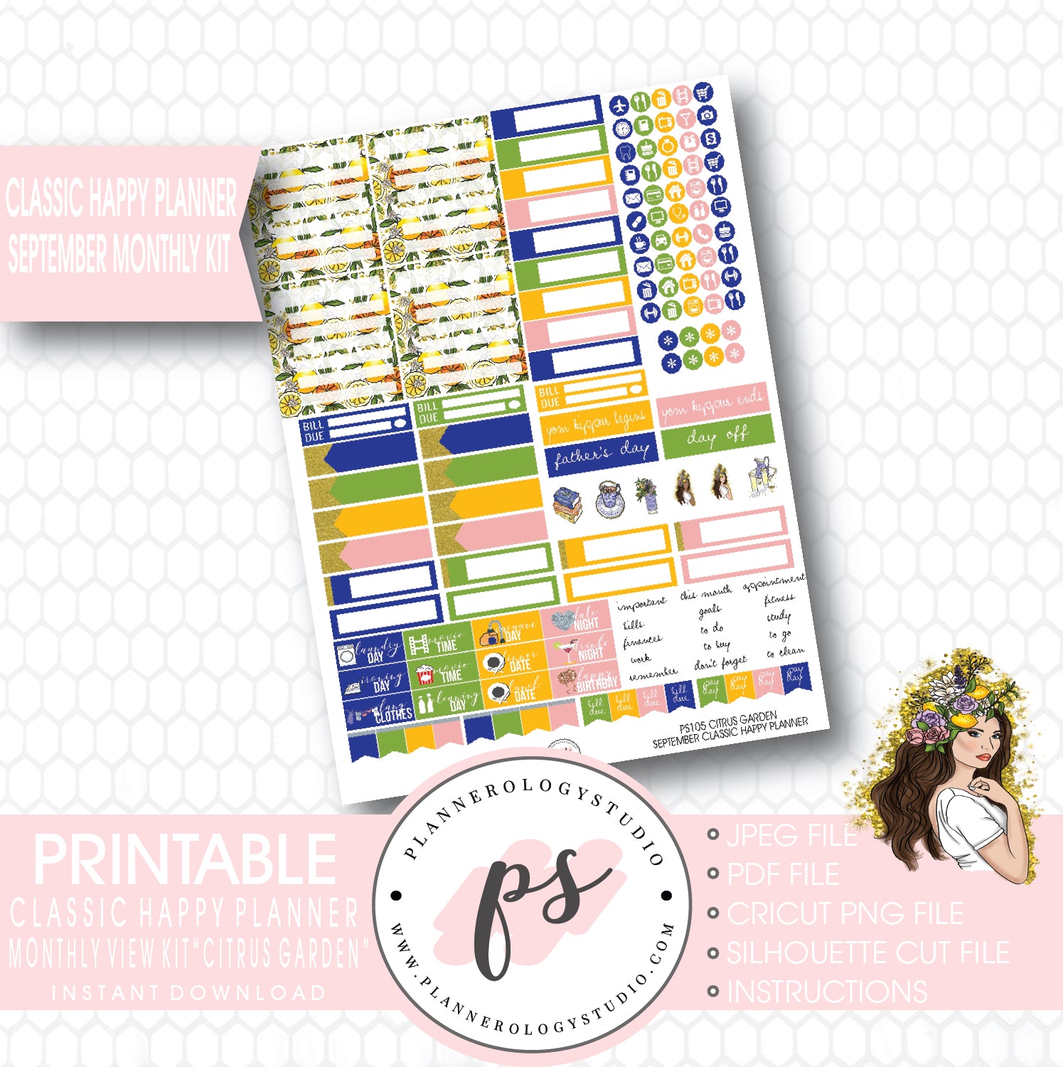"Citrus Garden" September 2017 Monthly View Kit Printable Planner Stickers (for use with Mambi Classic Happy Planner) - Plannerologystudio