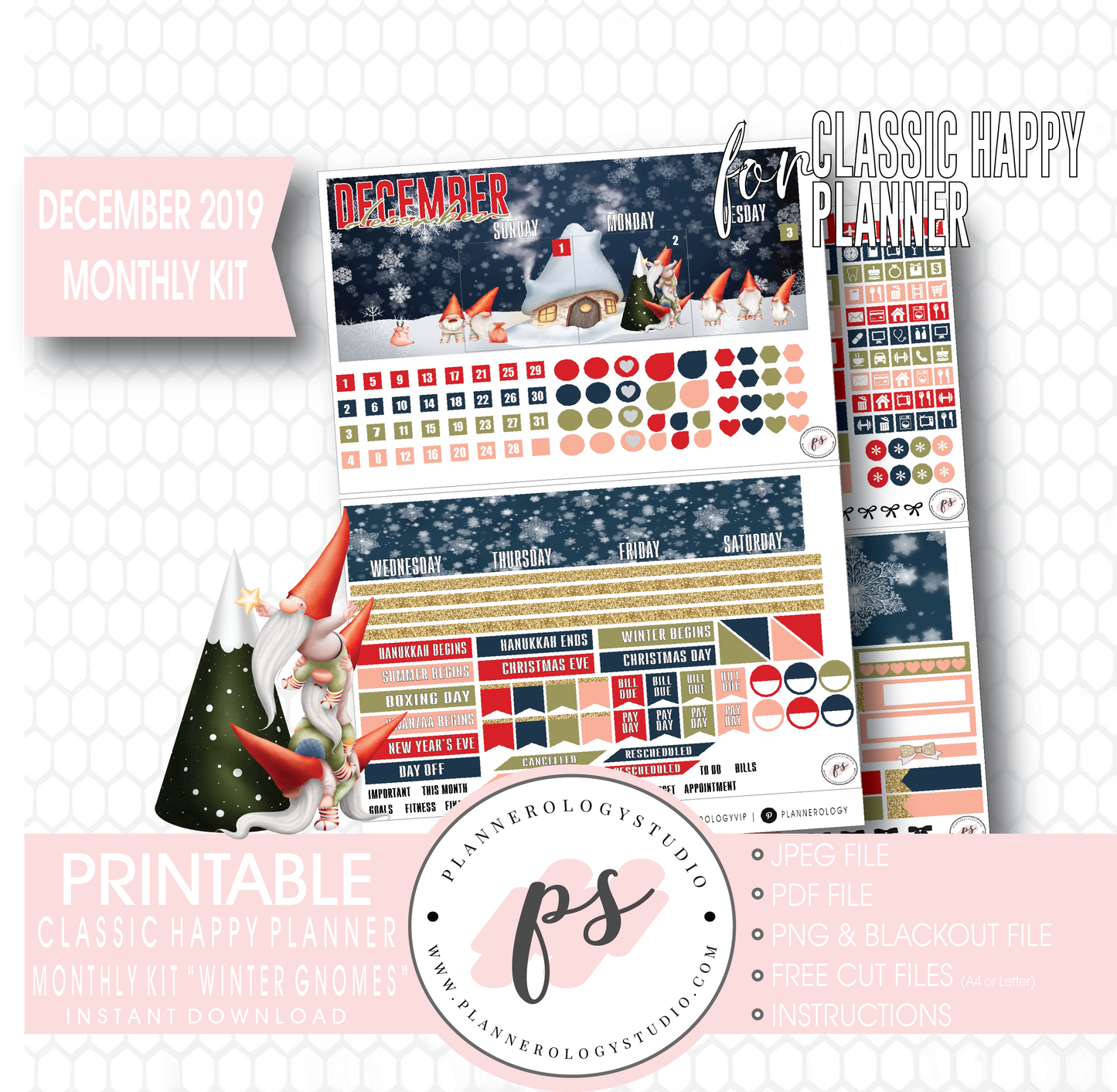 Winter Gnomes December 2019 Monthly View Kit Digital Printable Planner Stickers (for use with Classic Happy Planner) - Plannerologystudio