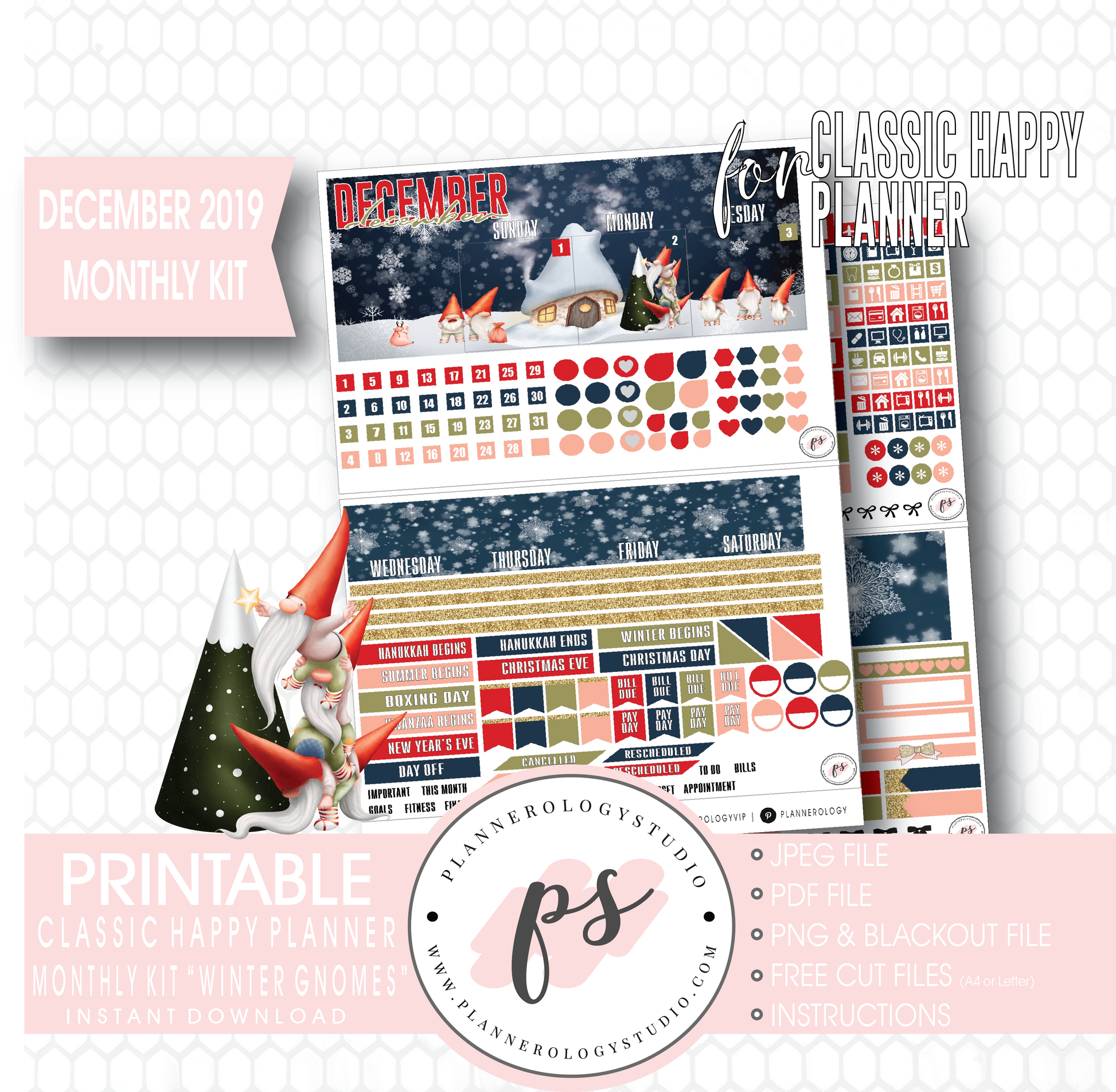 Winter Gnomes December 2019 Monthly View Kit Digital Printable Planner Stickers (for use with Classic Happy Planner) - Plannerologystudio