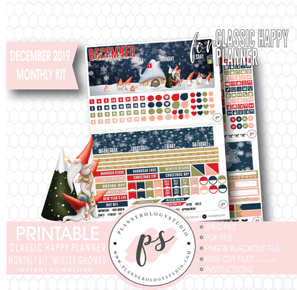 Winter Gnomes December 2019 Monthly View Kit Digital Printable Planner Stickers (for use with Classic Happy Planner) - Plannerologystudio