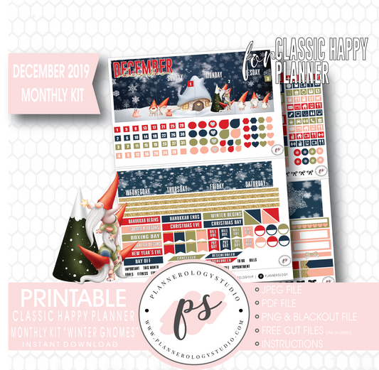 Winter Gnomes December 2019 Monthly View Kit Digital Printable Planner Stickers (for use with Classic Happy Planner) - Plannerologystudio