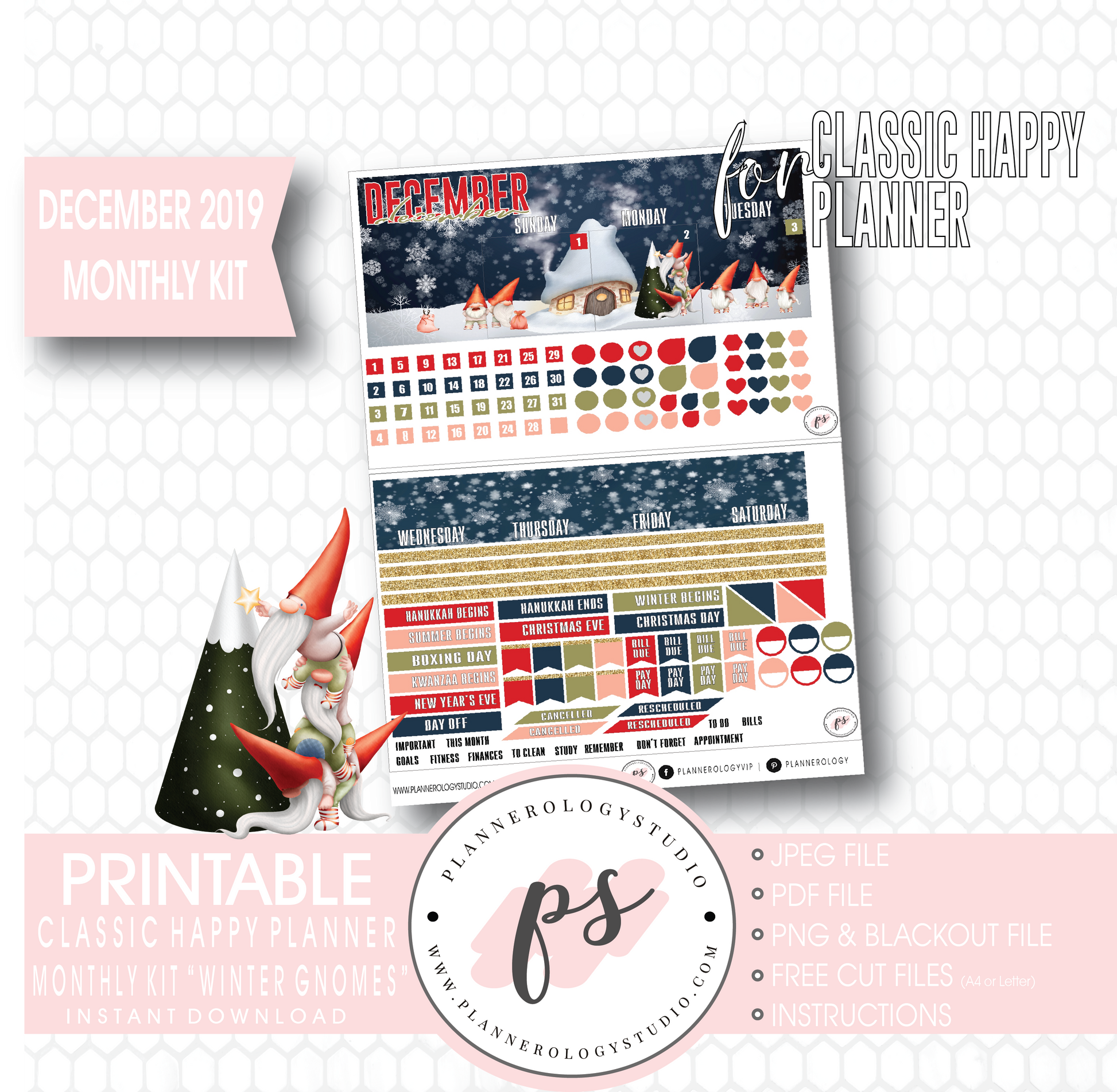 Winter Gnomes December 2019 Monthly View Kit Digital Printable Planner Stickers (for use with Classic Happy Planner) - Plannerologystudio