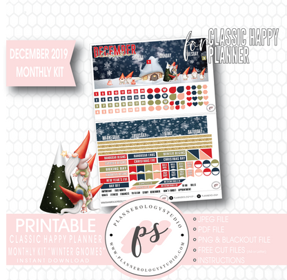 Winter Gnomes December 2019 Monthly View Kit Digital Printable Planner Stickers (for use with Classic Happy Planner) - Plannerologystudio