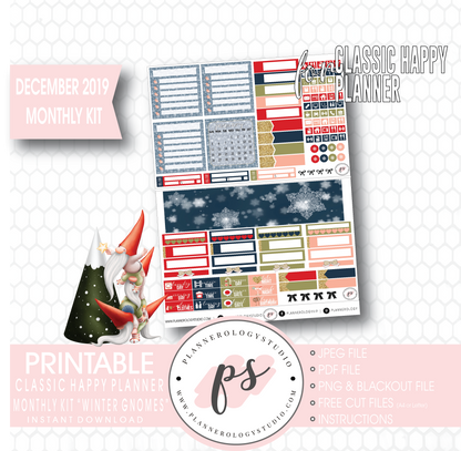 Winter Gnomes December 2019 Monthly View Kit Digital Printable Planner Stickers (for use with Classic Happy Planner) - Plannerologystudio