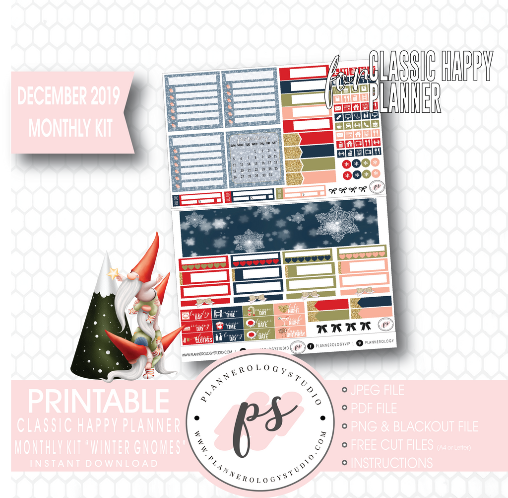 Winter Gnomes December 2019 Monthly View Kit Digital Printable Planner Stickers (for use with Classic Happy Planner) - Plannerologystudio