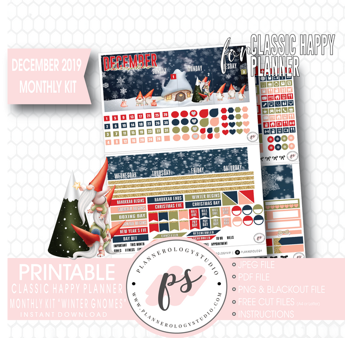 Winter Gnomes December 2019 Monthly View Kit Digital Printable Planner Stickers (for use with Classic Happy Planner) - Plannerologystudio
