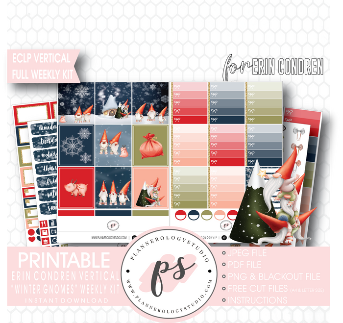 Winter Gnomes Full Weekly Kit Printable Planner Digital Stickers (for use with Erin Condren Vertical) - Plannerologystudio