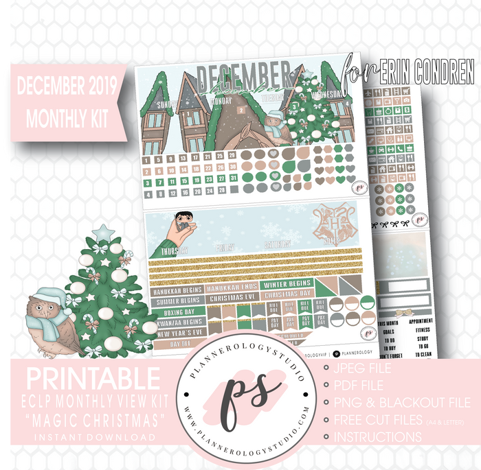 Magic Christmas December 2019 Monthly View Kit Digital Printable Planner Stickers (for use with Erin Condren) - Plannerologystudio