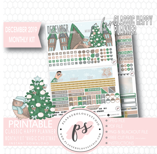 Magic Christmas December 2019 Monthly View Kit Digital Printable Planner Stickers (for use with Classic Happy Planner) - Plannerologystudio