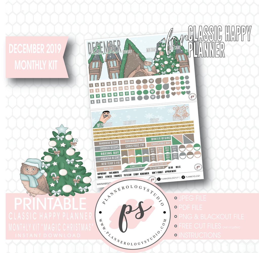 Magic Christmas December 2019 Monthly View Kit Digital Printable Planner Stickers (for use with Classic Happy Planner) - Plannerologystudio
