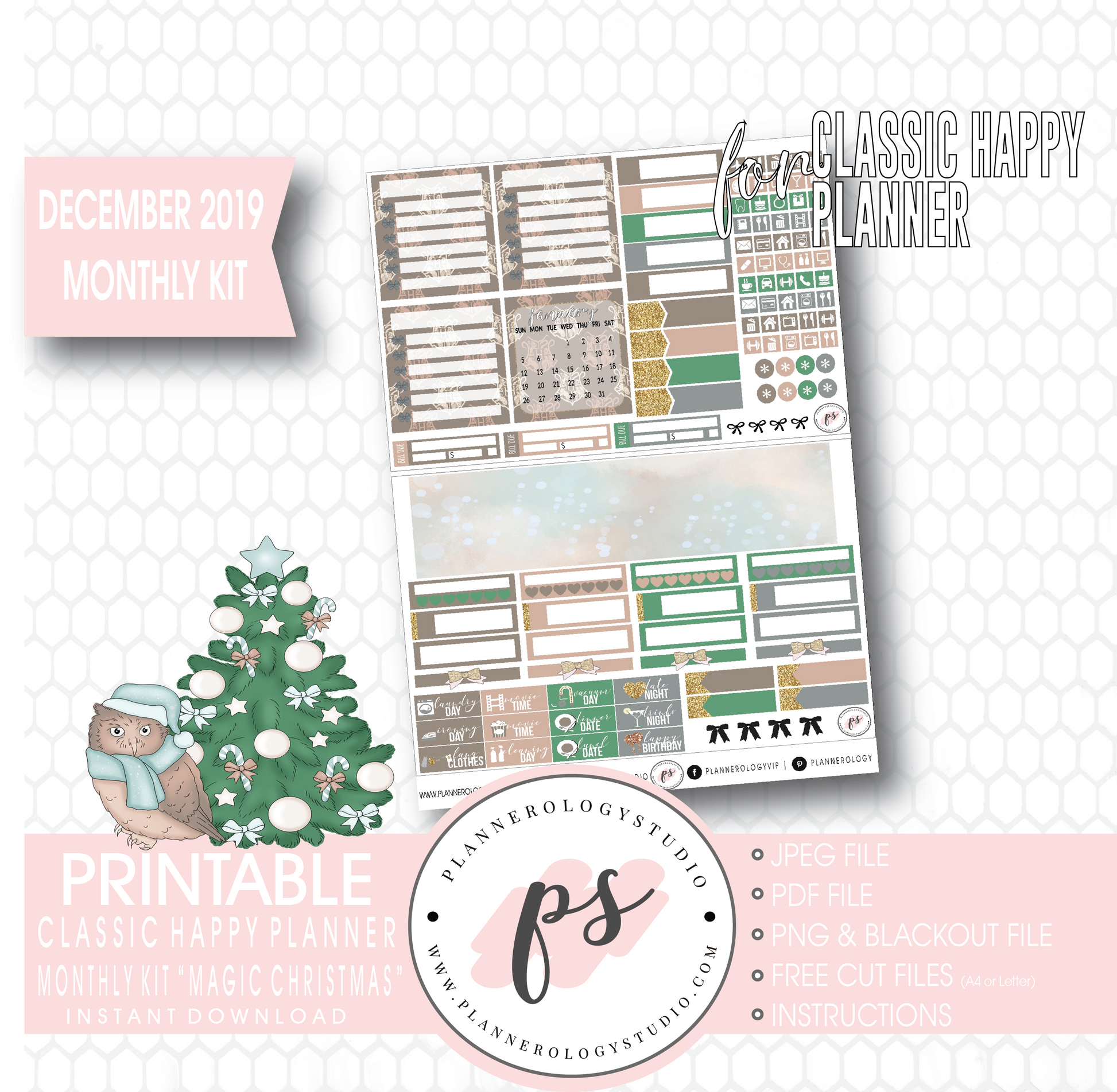 Magic Christmas December 2019 Monthly View Kit Digital Printable Planner Stickers (for use with Classic Happy Planner) - Plannerologystudio