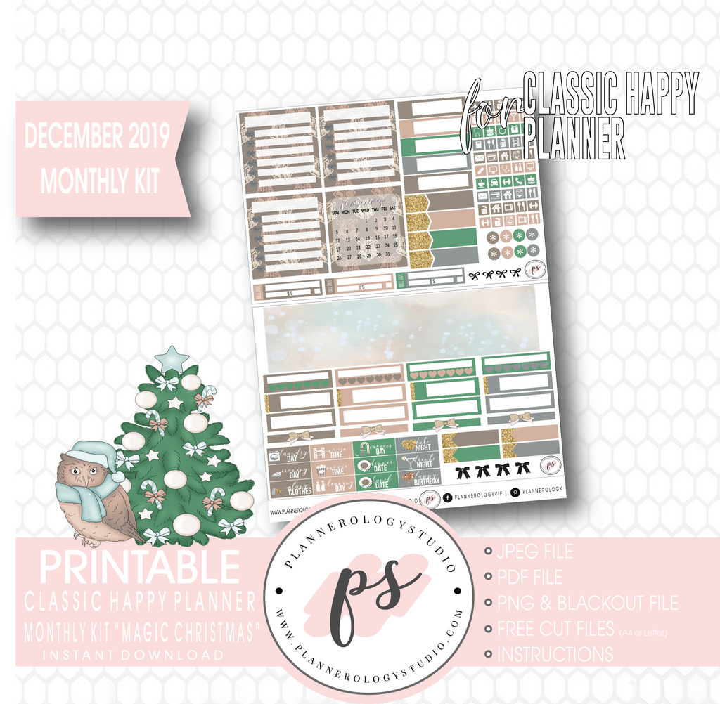 Magic Christmas December 2019 Monthly View Kit Digital Printable Planner Stickers (for use with Classic Happy Planner) - Plannerologystudio