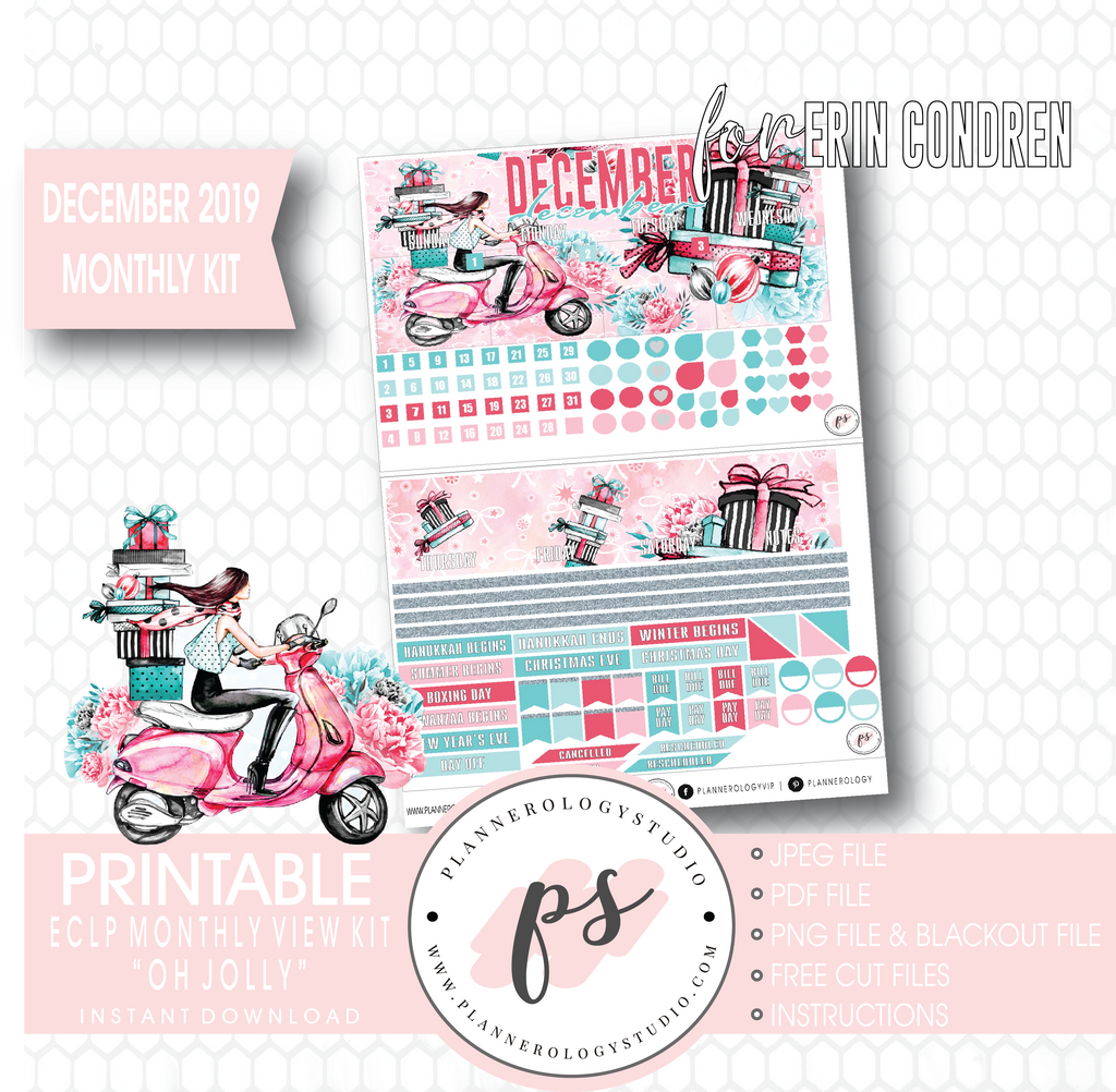 Oh Jolly Christmas December 2019 Monthly View Kit Digital Printable Planner Stickers (for use with Erin Condren) - Plannerologystudio