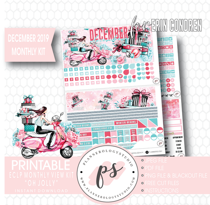 Oh Jolly Christmas December 2019 Monthly View Kit Digital Printable Planner Stickers (for use with Erin Condren) - Plannerologystudio