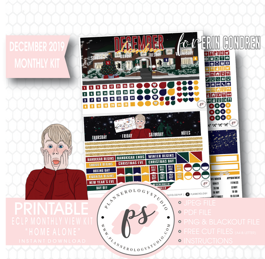 Home Alone Christmas December 2019 Monthly View Kit Digital Printable Planner Stickers (for use with Erin Condren) - Plannerologystudio