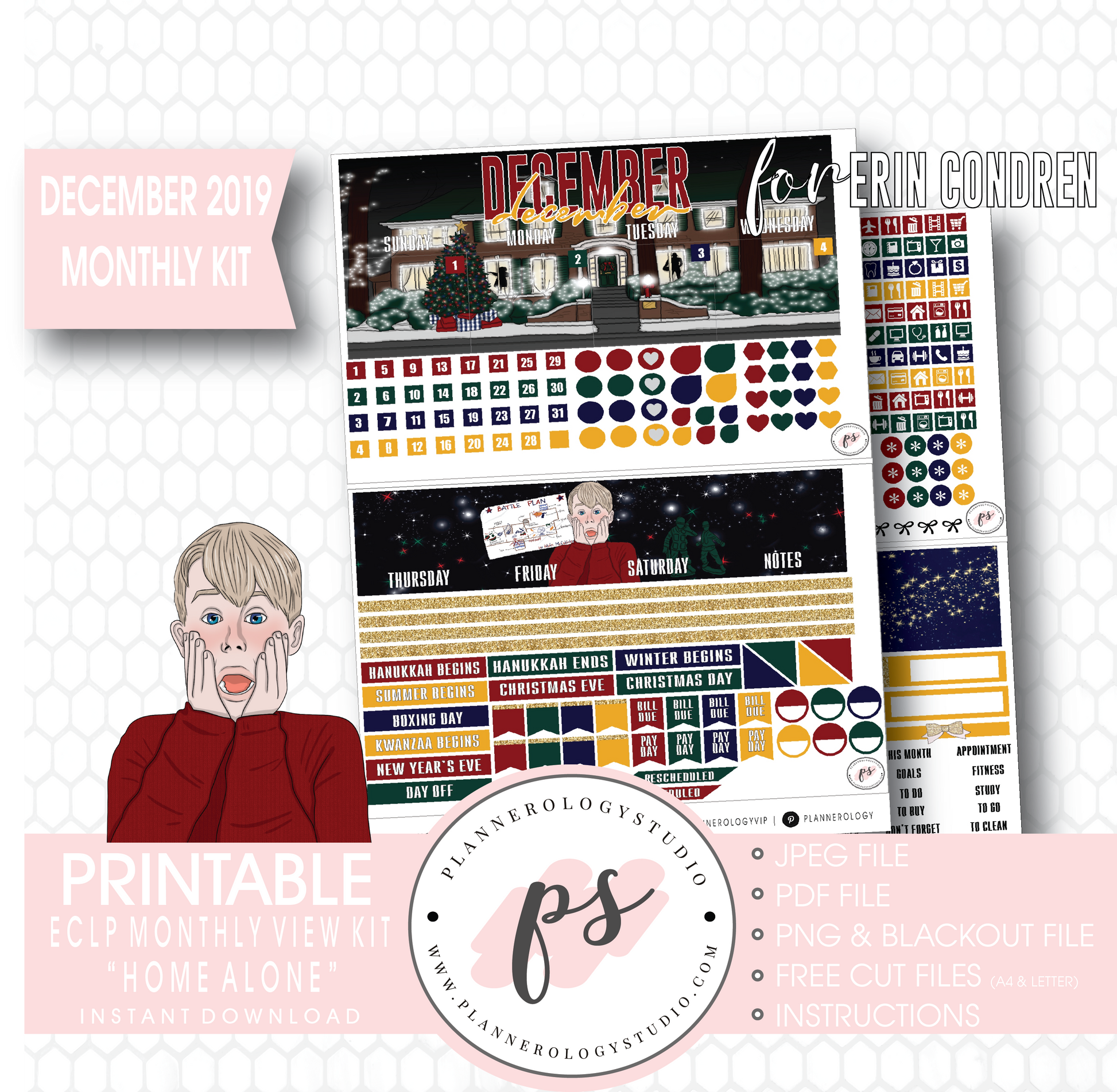 Home Alone Christmas December 2019 Monthly View Kit Digital Printable Planner Stickers (for use with Erin Condren) - Plannerologystudio