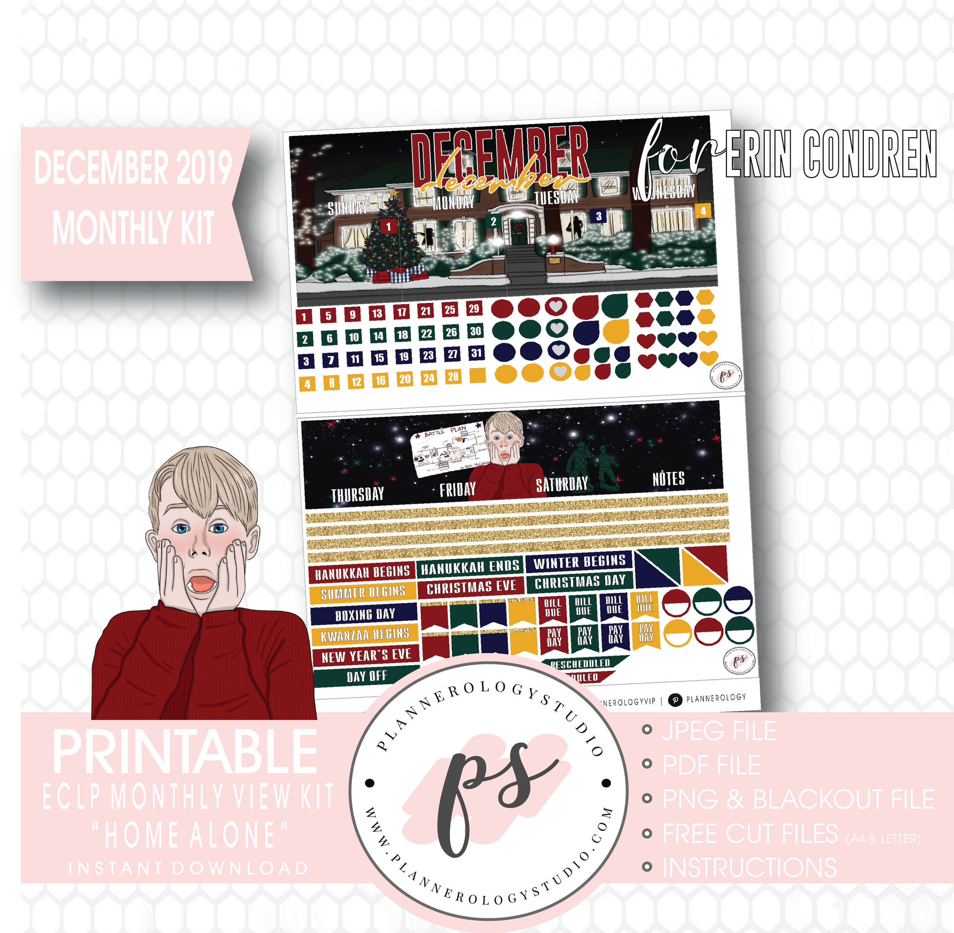 Home Alone Christmas December 2019 Monthly View Kit Digital Printable Planner Stickers (for use with Erin Condren) - Plannerologystudio