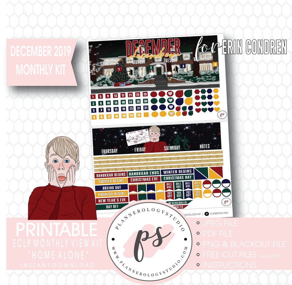 Home Alone Christmas December 2019 Monthly View Kit Digital Printable Planner Stickers (for use with Erin Condren) - Plannerologystudio